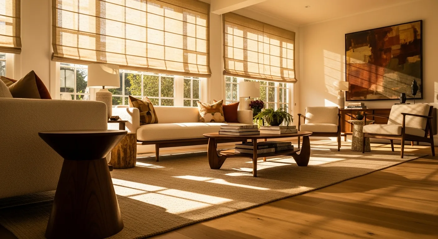 Custom window shades in a Southern California living room